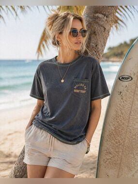 Gray Short Sleeve Malibu CA Surf Team Tee Contrast Trim Beach Summer Casual